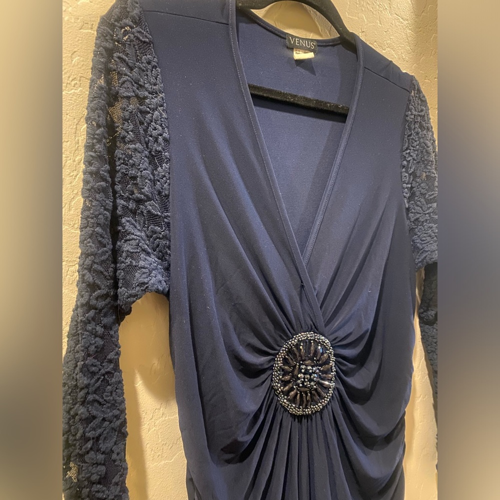 Venus Navy Blue  V neck Night Dress, Long lace sleeve !!